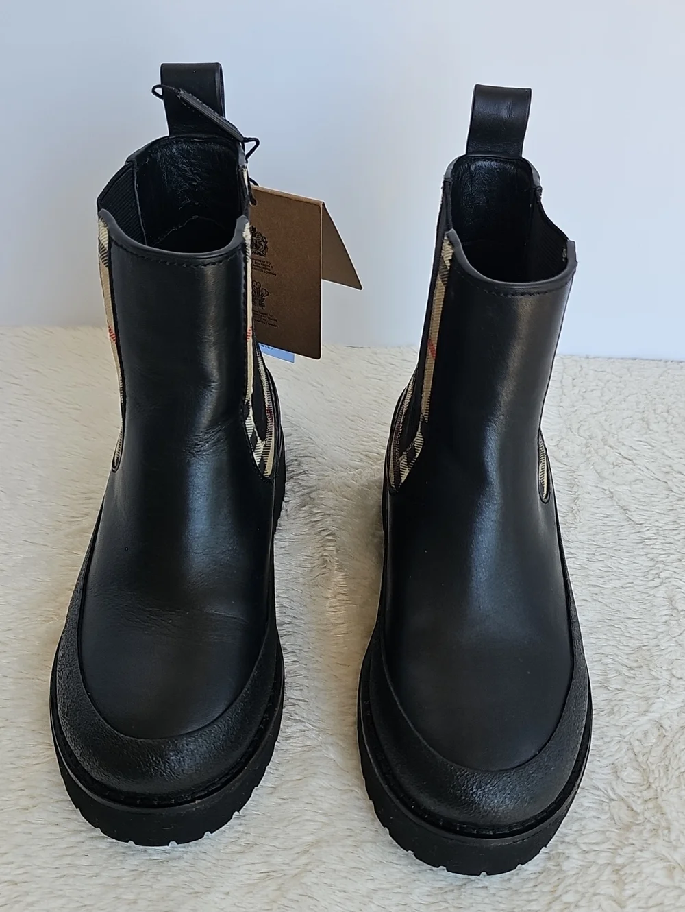 NWT Burberry Kids Vintage Check Detail Leather Chelsea Boots Black EU 32/ US 1 Y